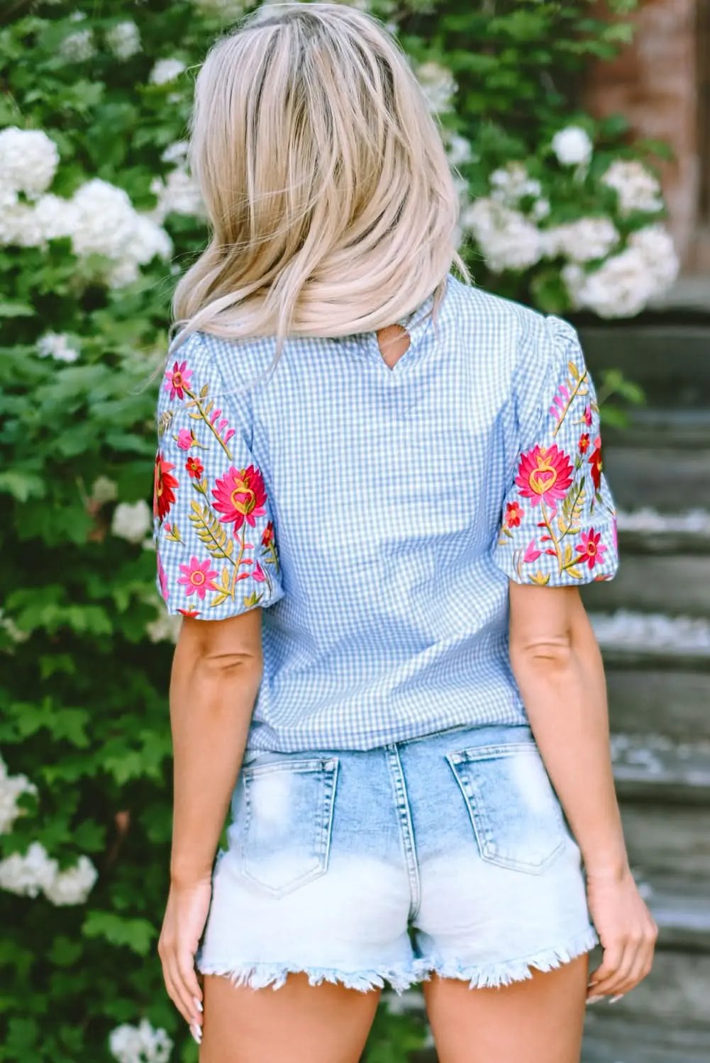 Light blue floral blouse with puff sleeves - Love Salve